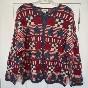 VTG Talbots Women's Petite LG Button Sweater Red White & Blue USA Star Spangled